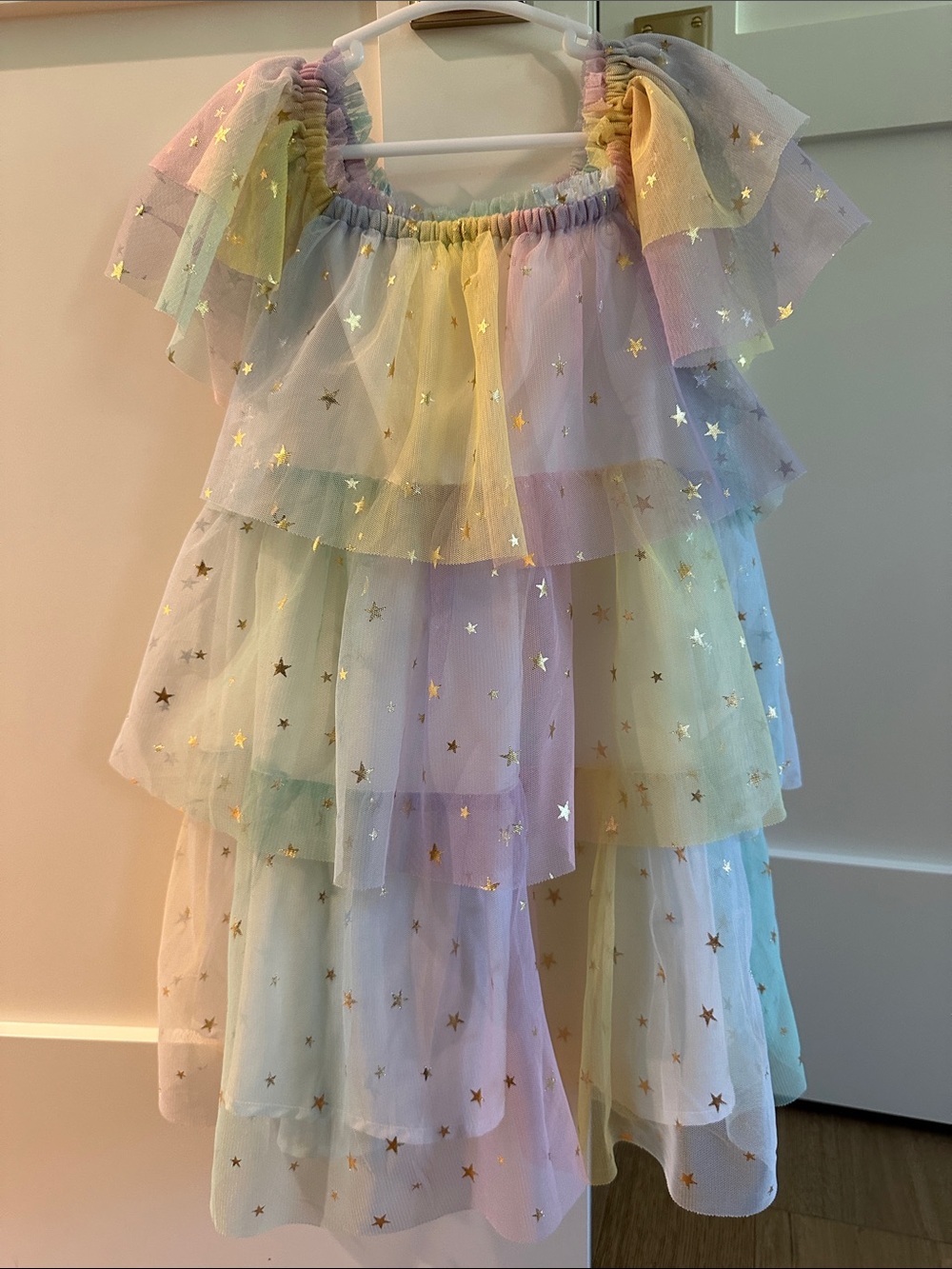 Mini Boden Kids' Tiered Tulle Dress In Multi Ombre Gold Foil Star